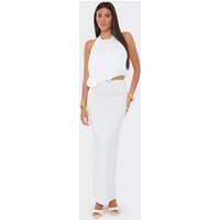 Halterneck Asymmetric Blouson Top And Maxi Skirt Co-Ord Set In White, Women's Size UK L