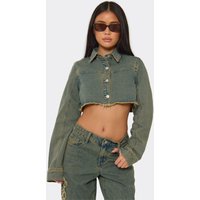 Long Sleeve Frayed Graphic Detail Cropped Jacket In Blue Vintage Wash Denim, Women's Size UK 14