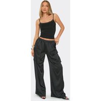 Low Rise Wide Leg Cargo Trousers In Black Satin, Women's Size UK 14