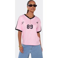 Short Sleeve Contrast V Neck Graphic Detail Oversized T-Shirt In Pink, Women's Size UK 6