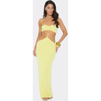Bandeau Bead Detail Cut Out Ruched Maxi Dress In Lemon, Women's Size UK 14