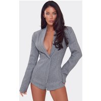 Long Sleeve Plunge Front Micro Playsuit In Grey Wool Look, Women's Size UK 14
