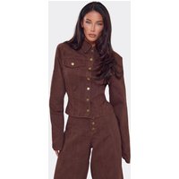 Long Sleeve Shoulder Padded Button Down Jacket In Brown Denim, Women's Size UK 14