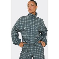 Long Sleeve Funnel Neck Pocket Front Jacket In Blue Check Print, Women's Size UK 12
