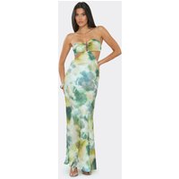 Bandeau Trim Detail Cut Out Maxi Dress In Green Multi Abstract Print, Women's Size UK 10