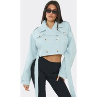 Button Detail Tie Waist Cropped Trench Coat In Baby Blue, Women's Size UK 12