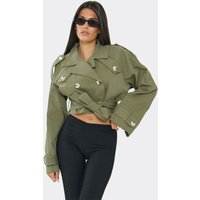 Button Detail Tie Waist Cropped Trench Coat In Baby Khaki Green, Women's Size UK 14