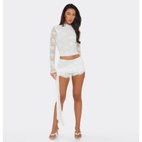 Tie Side Detail Mini Shorts In White Lace, Women's Size UK 12