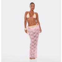 Low Waist Contrast Trim Ruched Beach Maxi Skirt In Pink Lace, Women's Size UK 6