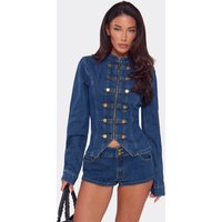 Long Sleeve Front Split Hem Military Jacket In Indigo Blue Denim, Women's Size UK 14