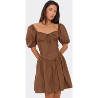 Puff Sleeve Tie Front Ruched Bust Mini Shift Dress In Brown, Women's Size UK 12