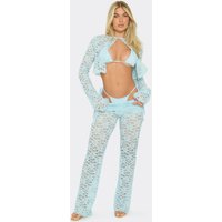 Low Waist Fold Over Ruched Wide Leg Trousers In Baby Blue Lace, Women's Size UK 14