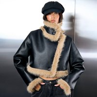 Long Sleeve Funnel Neck Faux Fur Trim Detail Aviator Jacket In Black Faux Leather, Women's Size US 10