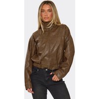 Long Sleeve Funnel Neck Jacket In Brown Woven Faux Leather, Women's Size US 8