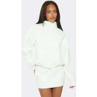 Long Sleeve Funnel Neck Zip Up Jacket In White Woven Faux Leather, Women's Size US 8