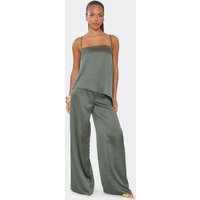 Low Rise Wide Leg Trousers In Khaki Satin, Women's Size UK 14