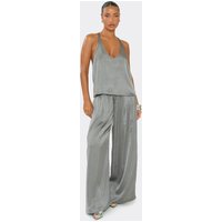 Mid Rise Drawstring Waist Wide Leg Trousers In Grey Satin, Women's Size UK 8