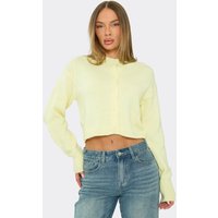 Long Sleeve Crew Neck Button Up Front Cardigan In Lemon Knit, Women's Size US S