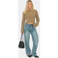 Long Sleeve Top In Taupe Ribbed Knit, Women's Size UK S