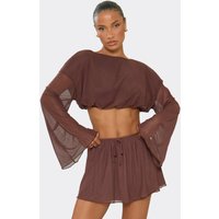 Long Flared Sleeve Crop Top In Chocolate Brown Chiffon, Women's Size UK 6
