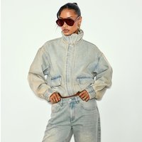 Long Sleeve Funnel Neck Boxy Jacket In Light Vintage Wash Denim, Women's Size UK 14