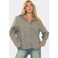 Long Sleeve Button Front Oversized Shirt In Brown Plaid Print, Women's Size UK One Size