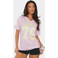 Short Sleeve V Neck Football Jersey Top In Pink Stripe, Women's Size UK S