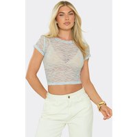 Short Sleeve Crew Neck Sheer Fitted Crop Top In Light Blue Lace, Women's Size UK S