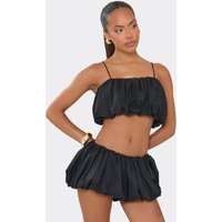 Strappy Puffball Top And Short Set In Black Satin, Women's Size US M/L