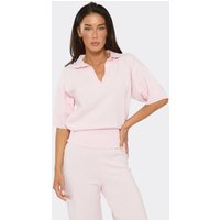 Short Sleeve V Neck Cinched Waist Polo Top In Light Pink Knit, Women's Size UK S