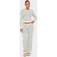 Mid Rise Drawstring Waist Straight Leg Trousers In Grey And Cream Striped Knit, Women's Size US S
