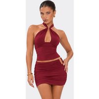 Halterneck Keyhole Cut Out Trim Detail Top In Burgundy Slinky, Women's Size US 8