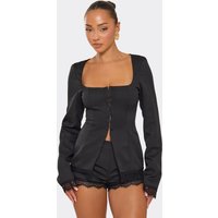 Long Sleeve Square Neck Lace Trim Split Front Top In Black, Women's Size UK 12