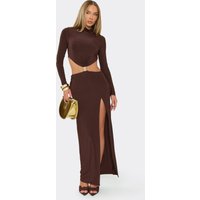 Long Sleeve Cut Out Waist Trim Detail Split Leg Maxi Dress In Chocolate Brown, Women's Size US 4