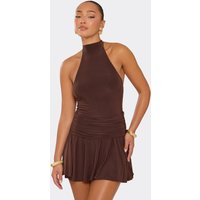 Sleeveless High Neck Flippy Hem Ruched Mini Dress In Chocolate Brown Slinky, Women's Size US 4