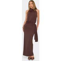 High Cowl Neck Tie Drape Detail Blouson Maxi Dress In Chocolate Brown, Women's Size US 4