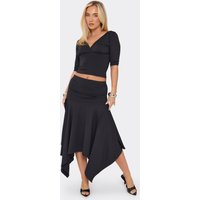 Mid Rise Frilly Asymmetric Hem Midi Skirt In Black., Women's Size US 8