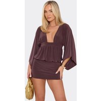 Long Sleeve Plunge Front Blouson Mini Dress In Chocolate Brown Slinky, Women's Size US 4
