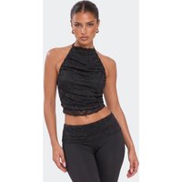 Halterneck Open Tie Back Ruched Top In Black Lace, Women's Size UK 14