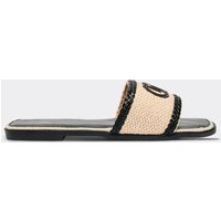 Combo Logo Woven Detail Flat Slider Sandal In Black Faux Leather, Women's Size UK 6