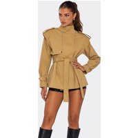 High Neck Belted Waist Short Trench Coat In Taupe, Women's Size US 12