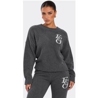 Long Sleeve Crew Neck Ego Graphic Oversized Jumper In Grey Knit, Women's Size US M