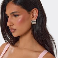 Square Shaped Ribbed Detail Stud Earrings In Silver, Women's Size UK 0