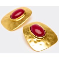 Red Stone Detail Hammered Stud Earring In Gold, Women's Size UK 0