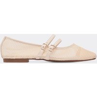 Lettie Double Buckle Strap Mesh Detail Flat Ballet Pump In Cream Faux Leather, Women's Size UK 7