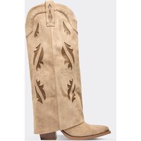 Feng Cut Out Embroidered Detail Knee High Western Cowboy Boot In Taupe Faux Suede, Women's Size UK 4