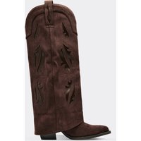 Feng Cut Out Embroidered Detail Knee High Western Cowboy Boot In Brown Faux Suede, Women's Size UK 7