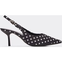 Fergie Pointed Toe Slingback Court Heel In Black And White Polka Dot Print Satin, Women's Size UK 3