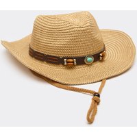 Beaded Stone Detail Western Cowboy Hat In Beige Woven, Women's Size UK 0