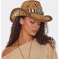 Beaded Detail Western Cowboy Hat In Beige Woven, Women's Size UK 0